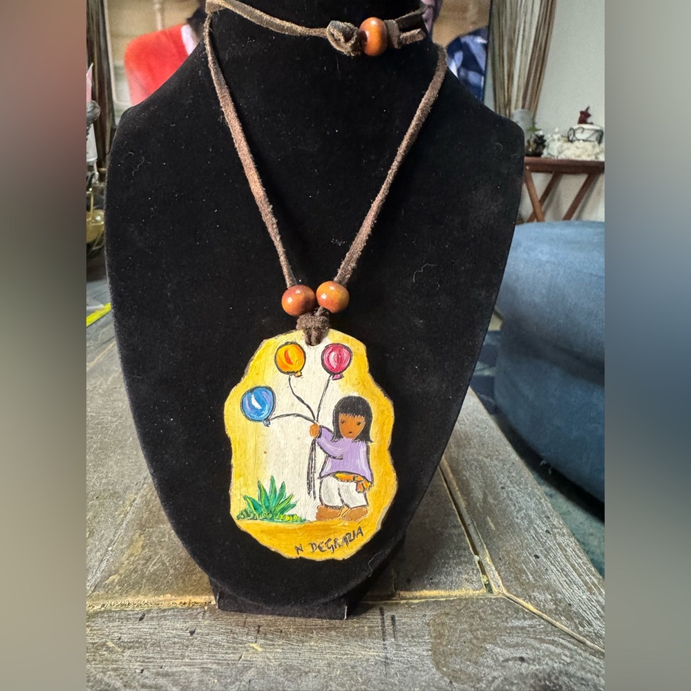 Vintage 1970’s N DeGrazia Ballon Child Hand Painted Leather Cord Necklace